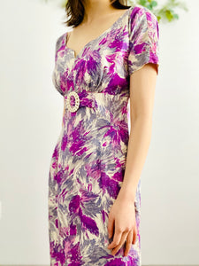 Vintage 1950s purple abstract floral dress with celluloid buckle