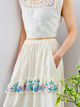 Load image into Gallery viewer, model wearing 1910s lace top and embroidered floral white skirt
