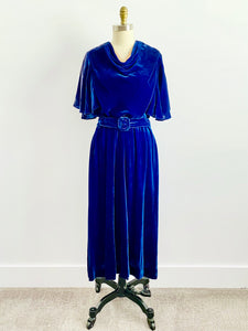 1930s Royal Blue Velvet Dress w Belt Flared Sleeves Caplet