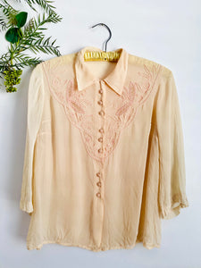 Vintage 1940s silk blouse with pink soutache trim