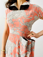 Load image into Gallery viewer, Vintage 1940s asymmetrical novelty print rayon dress
