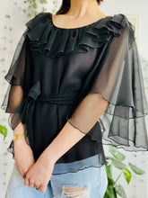 Load image into Gallery viewer, Vintage 1970s black blouse w flared sleeves
