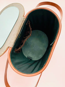 Vintage 1940s faux leather bucket bag with mirror