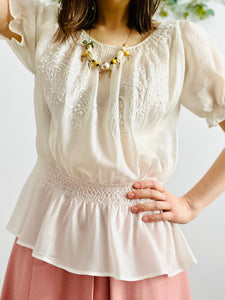 Vintage white Hungarian peasant top with embroidery and smocking