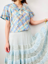 Load image into Gallery viewer, Vintage 1950s pastel blue plaid top w ribbon bow
