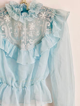 Load image into Gallery viewer, Vintage 1970s Pastel Blue Ruffled Blouse w Tulle lace
