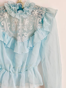 Vintage 1970s Pastel Blue Ruffled Blouse w Tulle lace