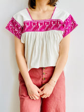 Load image into Gallery viewer, Vintage Purple Color Embroidered Birds Cotton Top on model 
