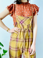 Load image into Gallery viewer, Vintage mustard/rose color plaid cotton overalls
