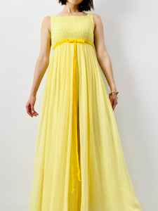 Vintage yellow ruched silk wide leg jumpsuit