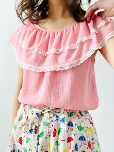 Vintage 1970s pink cotton top with eyelet trim