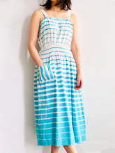 Load image into Gallery viewer, Vintage Blue Striped Dress w Pink Buttons Side Pocket
