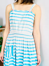 Load image into Gallery viewer, Vintage Blue Striped Dress w Pink Buttons Side Pocket
