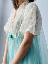 Load image into Gallery viewer, Vintage 1960s Radcliffe Pastel Blue Lace Dressing Gown Bell Sleeves
