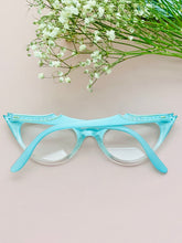 Load image into Gallery viewer, vintage 1950s turquoise blue cat eye glasses w rhinestones and stars

