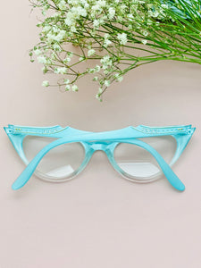 vintage 1950s turquoise blue cat eye glasses w rhinestones and stars
