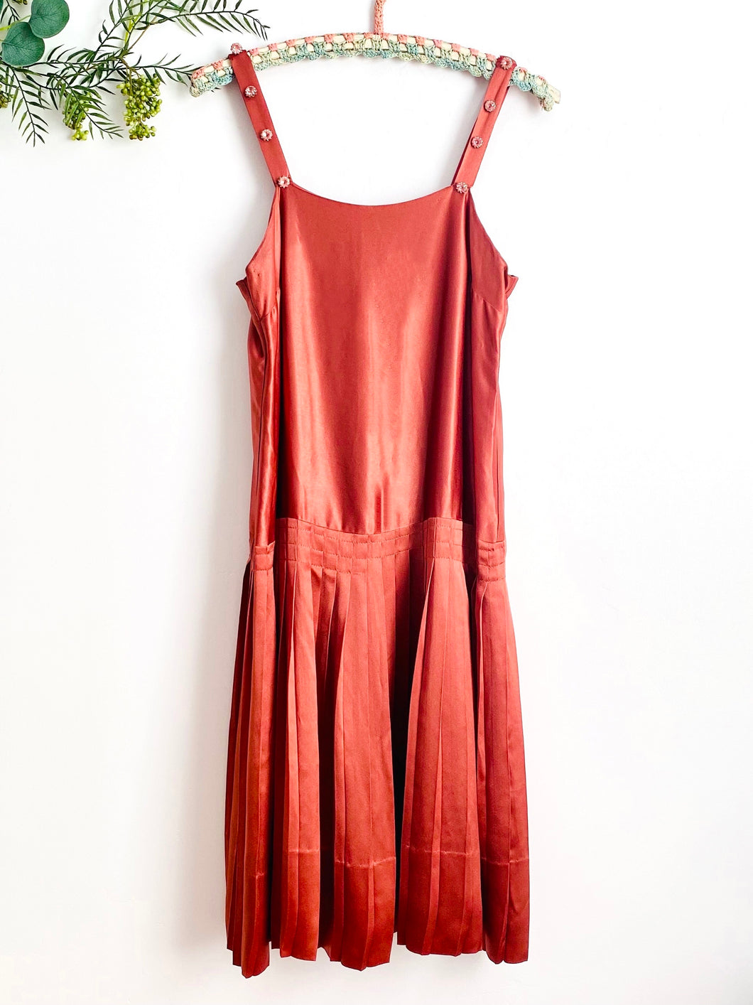Vintage 1920s rust color silk satin pleated dress drop waist
