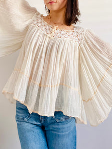Vintage Cotton Lace Gauze Blouse with Flared Sleeves