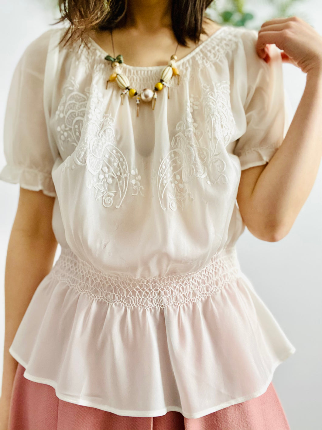 Vintage white Hungarian peasant top with embroidery and smocking