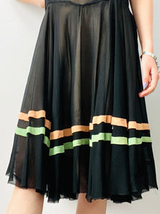 Vintage 1920s black silk dress set with pastel stripes