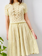 Load image into Gallery viewer, Vintage 1960s buttery yellow crochet dress with scalloped hem
