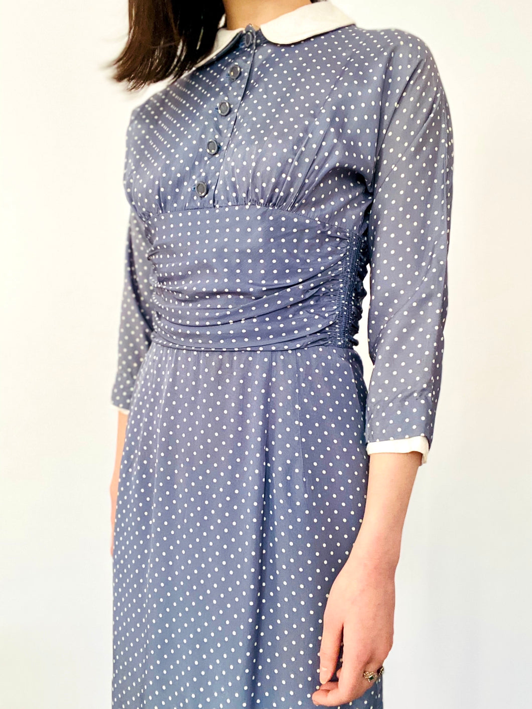 Vintage 1960s Blue Polka Dots Dress w Peter Pan Collar
