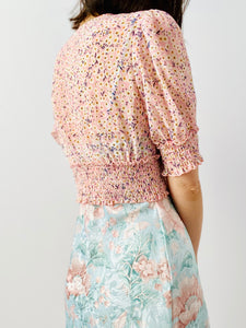 Pastel pink ruched floral cropped top