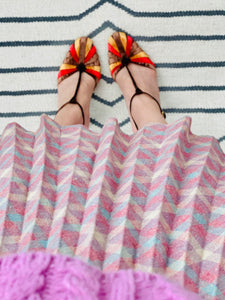 model wearing vintage 1930s style velvet NINE WEST shoes and pink plaid skirt 