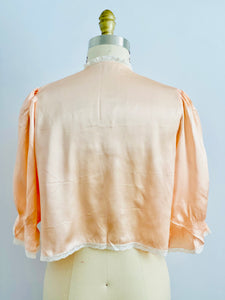 1920s Peach Color Satin Bed Jacket Embroidered Ribbon Vintage Lingerie
