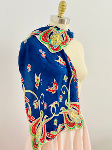 Vintage 1930s Silk Floral and Butterflies Novelty Print Scarf