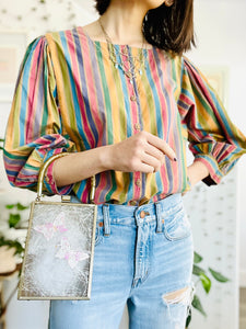 Vintage rainbow stripes blouse w balloon sleeves