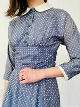 Load image into Gallery viewer, Vintage 1960s Blue Polka Dots Dress w Peter Pan Collar
