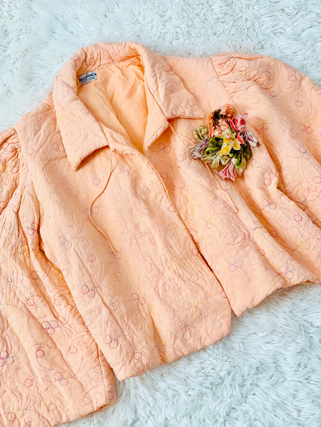 Vintage 1930s Peach Color Embroidered Rayon Crepe Bed Jacket