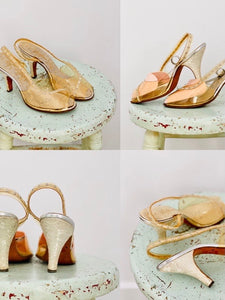 Vintage 1940s Rhinestones Lucite Heels/ Vintage Clear Slingback Shoes