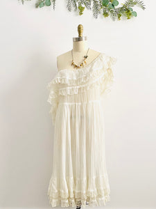 1970s white cotton gauze tulle lace ruffled dress