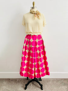 Hot Pink Circle Pattern Wide Leg Pants Linen Cotton Blend