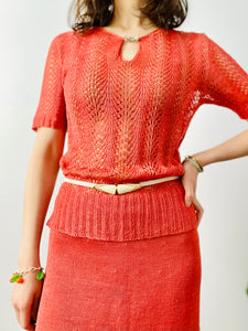 Vintage 1940s watermelon red knit set with Art Deco buckle