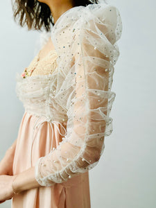 White pearl beaded ruched tulle top