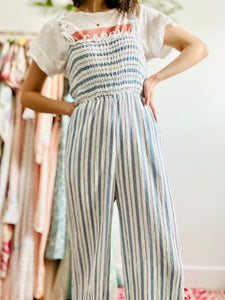 Pastel blue striped cotton jumpsuit