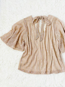 Vintage dusty pink top w flared sleeves ribbon bow ties