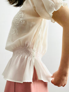 Vintage white Hungarian peasant top with embroidery and smocking