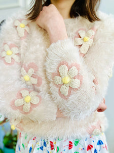 Vintage pastel pink fuzzy sweater with crochet daisies