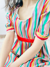 Load image into Gallery viewer, Vintage 1970s rainbow colors taffeta dress
