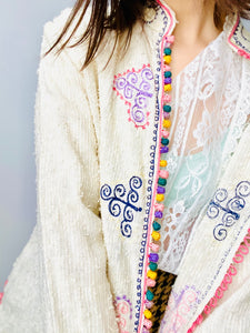 Vintage Moroccan Hand Embroidered Jacket with Pastel Crochet Buttons