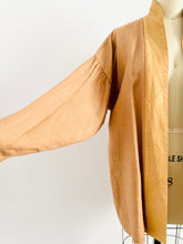 Load image into Gallery viewer, Vintage 1960s caramel color linen leather duster w ruched dolman sleeves
