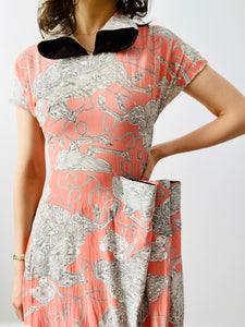 Vintage 1940s asymmetrical novelty print rayon dress