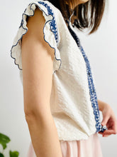 Load image into Gallery viewer, Vintage 1960s Blue Embroidered Top w Scalloped Edging
