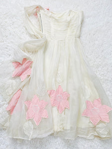 Vintage Late 1940s white organza dress with pink embroidered flowers