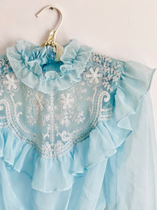 Vintage 1970s Pastel Blue Ruffled Blouse w Tulle lace