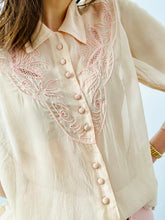 Load image into Gallery viewer, Vintage 1940s silk blouse with pink soutache trim
